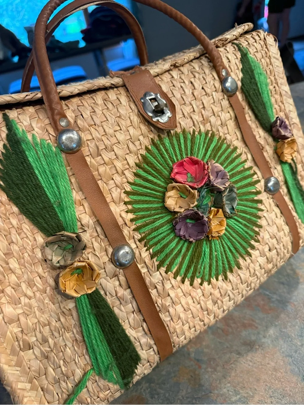 Embroidered Straw Tote Bag with Green Floral Accent